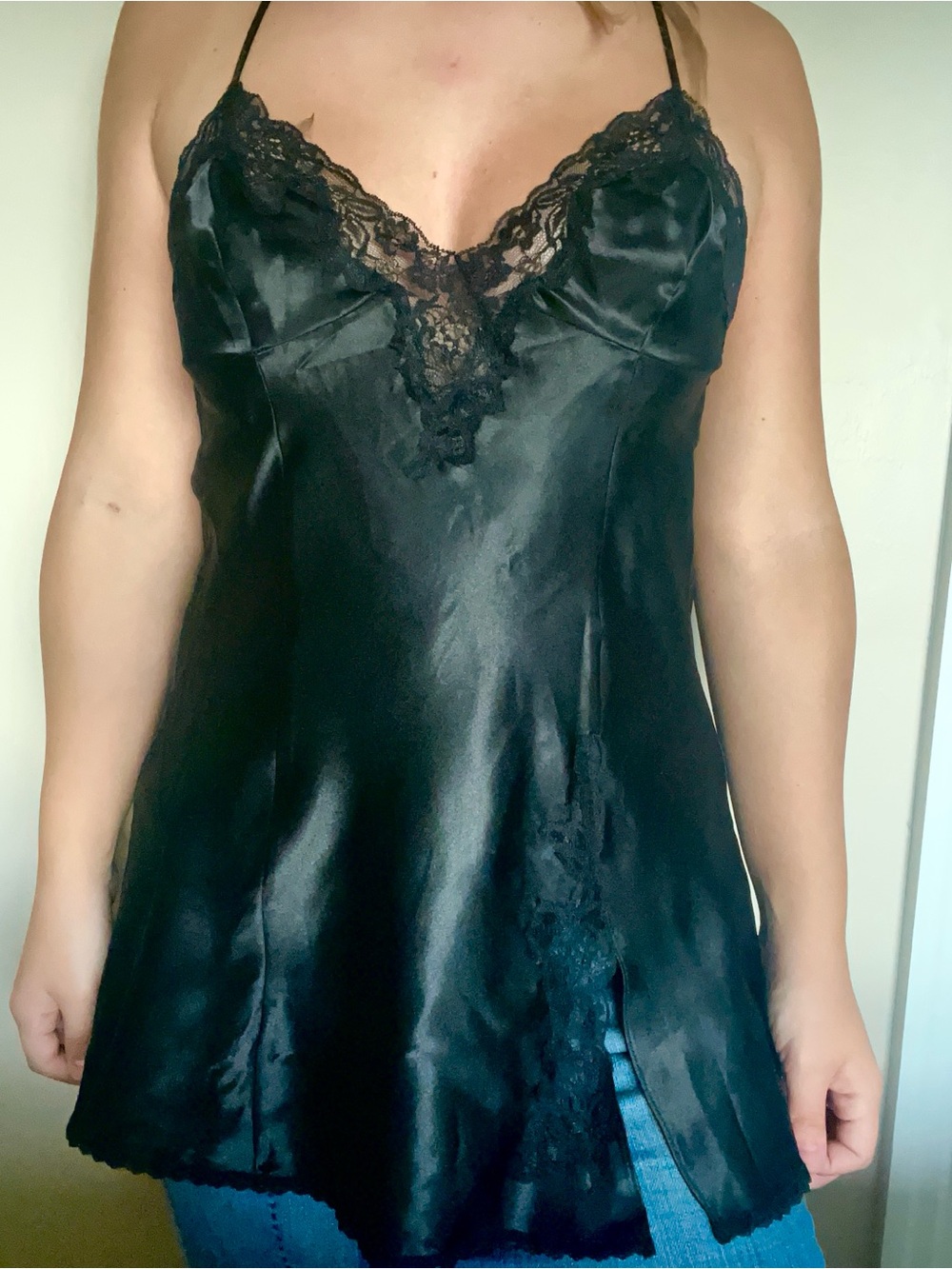 Frederick's of Hollywood Black Satin Lace-Trim Cami Tank